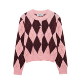 Rhombus Jacquard Round Neck Knit Casual Coat