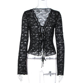Fashion Sexy See-through Hollow Cardigan Lace-up Long Sleeve T-shirt