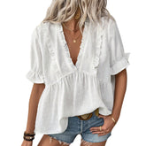 European And American Cut Flower Fur Ball Shirt Short Sleeve Lace