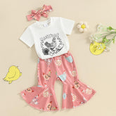 European And American Spring And Summer Girls' Bow Hair Accessories Short Sleeve Striped Color Matching Bell-bottom Pants 2-piece Set