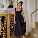 Square-neck Sleeveless Waist Trimming Sling Dress