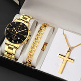 Men's Business Fashion Three-eye Single Calendar Steel Watch Bracelet Cross Bracelet Suit