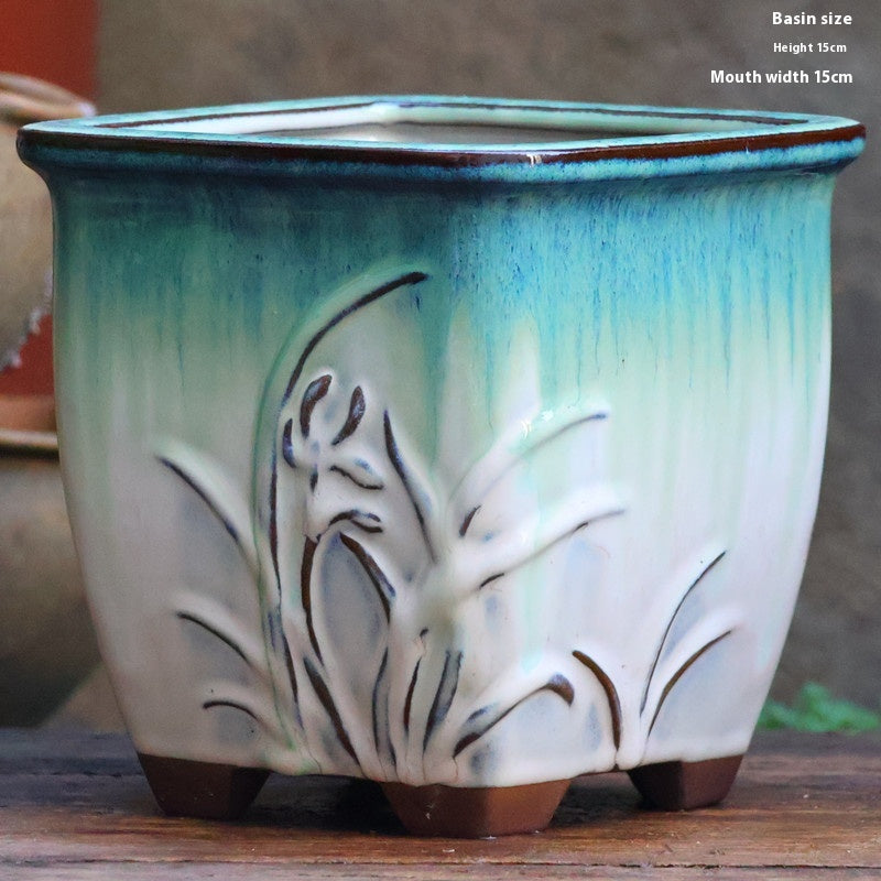 Handmade Coarse Pottery Flowerpot Square Mouth Pottery Pot